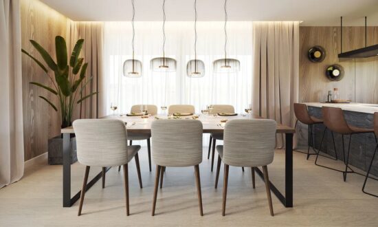 Elegantní jídelní kout domu ASPECT s přirozeným denním světlem