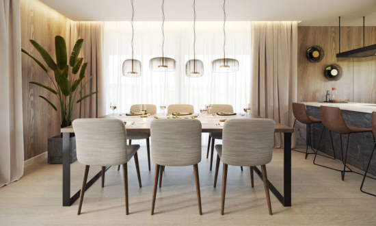Elegantní jídelní kout domu ASPECT s přirozeným denním světlem