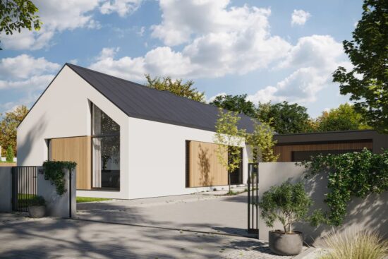 Moderní jednopodlažní rodinný dům PRESTIGE s velkými prosklenými plochami a elegantní fasádou