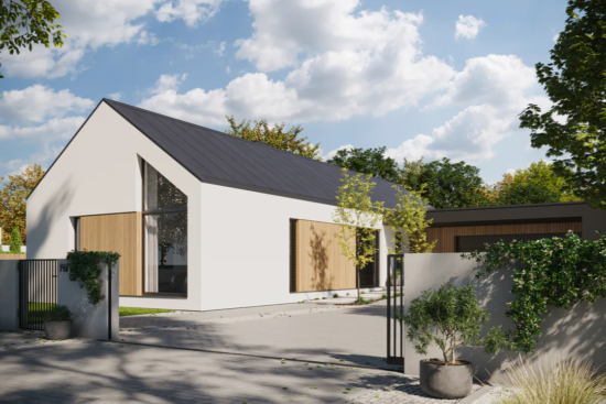 Moderní jednopodlažní rodinný dům PRESTIGE s velkými prosklenými plochami a elegantní fasádou