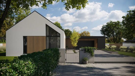 Moderní jednopodlažní rodinný dům PRESTIGE s velkými prosklenými plochami a elegantní fasádou